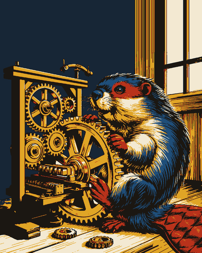 A beaver in a workshop turns a large brass gear, meshed with a smaller one, on a bench of cogs and levers.