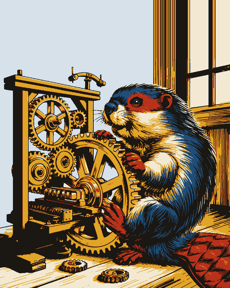 A beaver in a workshop turns a large brass gear, meshed with a smaller one, on a bench of cogs and levers.