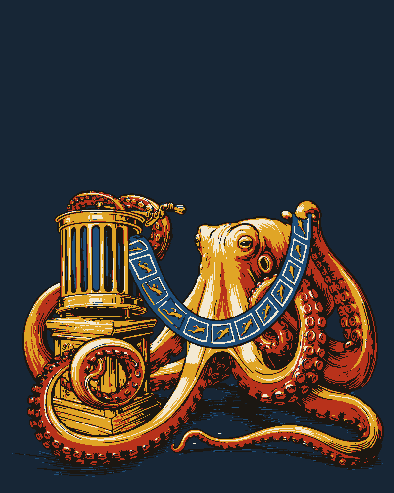 An octopus feeds a looping strip of frog frames into a brass zoetrope, one tentacle turning the crank.