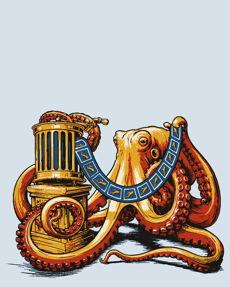 An octopus feeds a looping strip of frog frames into a brass zoetrope, one tentacle turning the crank.