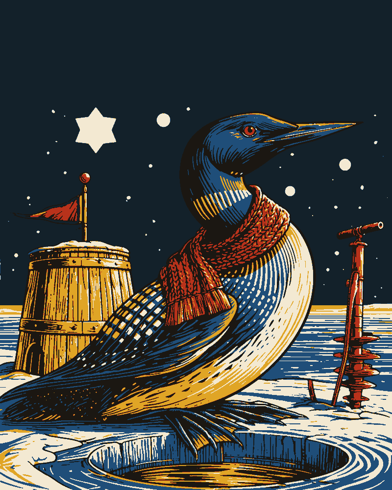 A loon in a red knitted scarf stands at a hole cut in lake ice, between a barrel ice house flying a pennant and an ice auger, under falling snow.