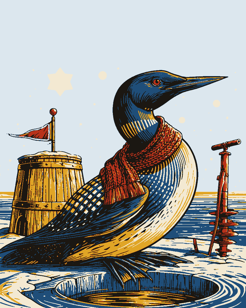 A loon in a red knitted scarf stands at a hole cut in lake ice, between a barrel ice house flying a pennant and an ice auger, under falling snow.