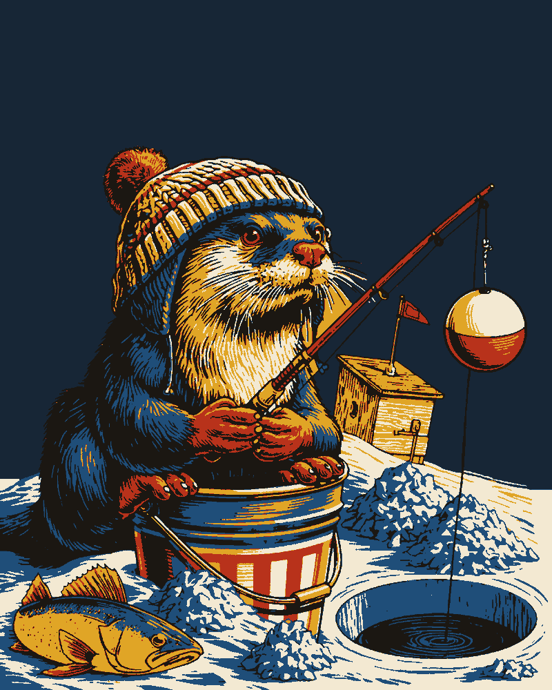 An otter in a striped knit hat sits in a striped bucket on lake ice, holding a fishing rod with a red-and-white bobber over a hole, a walleye on the snow and an ice house behind.