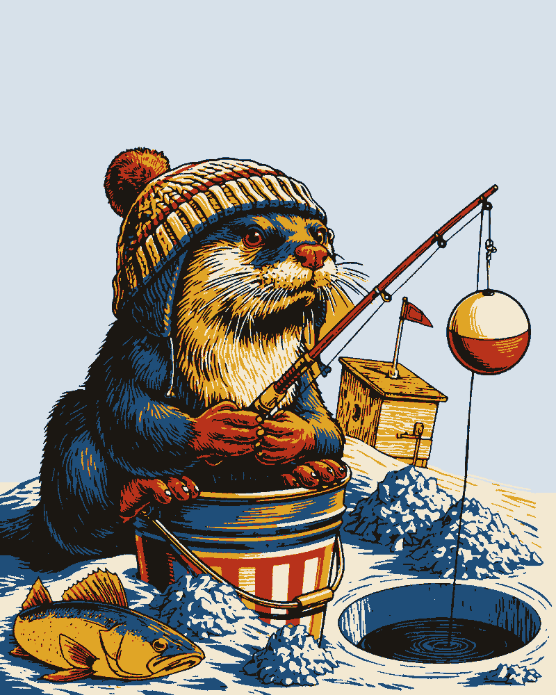 An otter in a striped knit hat sits in a striped bucket on lake ice, holding a fishing rod with a red-and-white bobber over a hole, a walleye on the snow and an ice house behind.