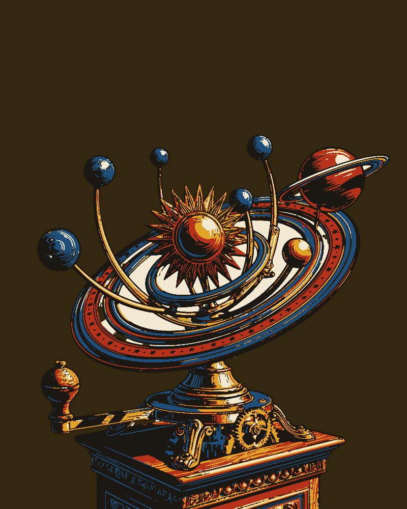 A brass clockwork orrery with a sunburst sun and planets on curved arms, turned by a crank on a carved plinth.