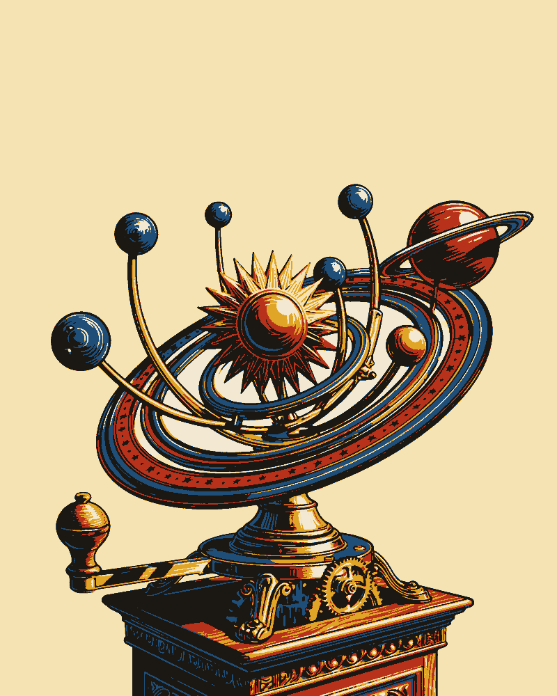 A brass clockwork orrery with a sunburst sun and planets on curved arms, turned by a crank on a carved plinth.