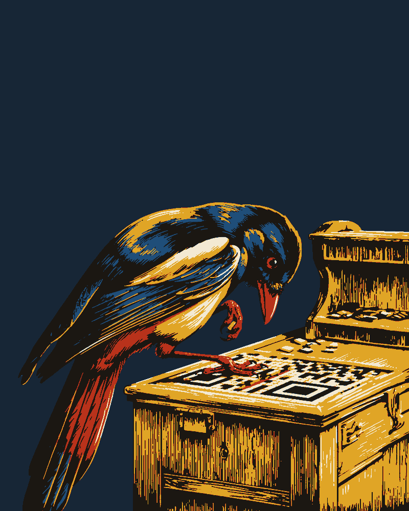A magpie leans over a wooden cabinet, setting square tiles into a QR code grid with one foot and holding another tile in its claw.