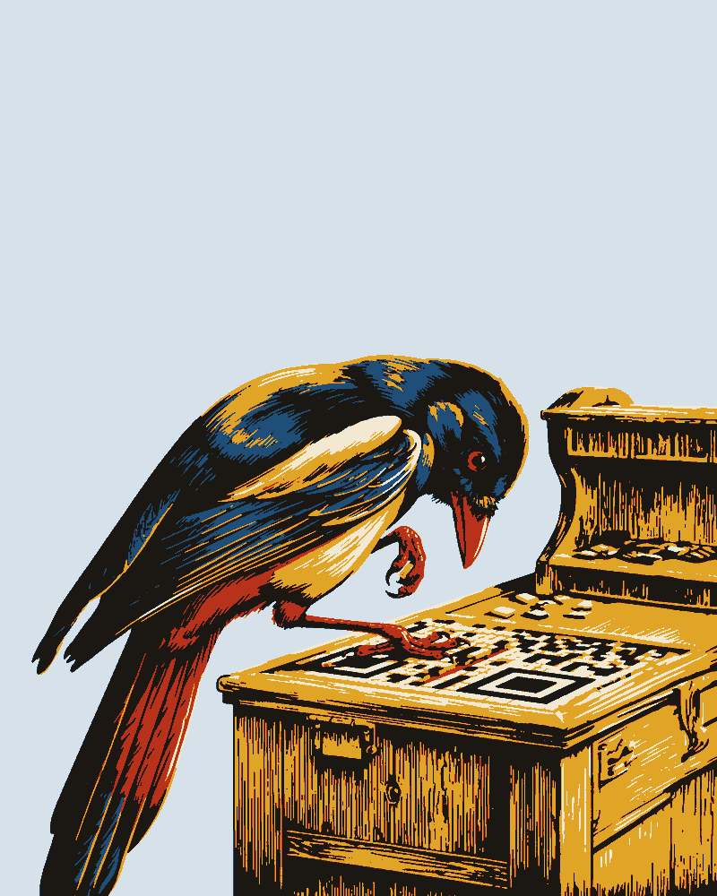 A magpie leans over a wooden cabinet, setting square tiles into a QR code grid with one foot and holding another tile in its claw.