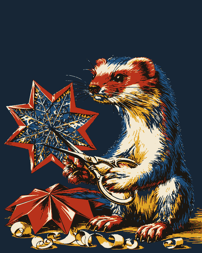 A stoat with steel scissors cuts a snowflake pattern into a folded red paper star, a pleated paper fan and curls of paper at its feet.