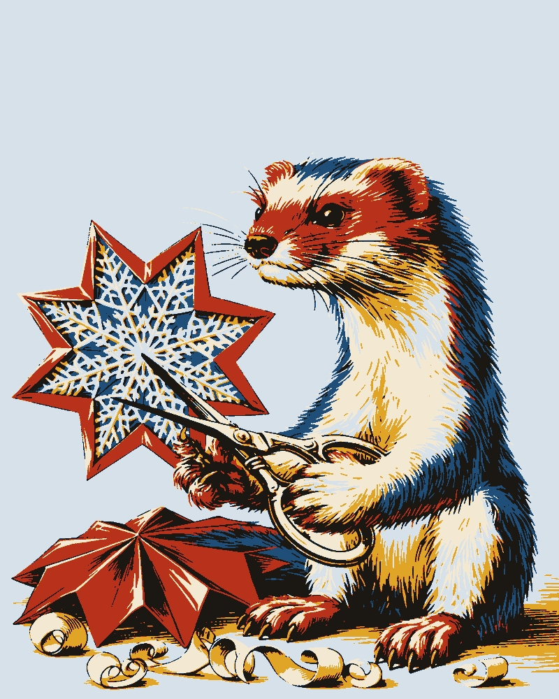 A stoat with steel scissors cuts a snowflake pattern into a folded red paper star, a pleated paper fan and curls of paper at its feet.