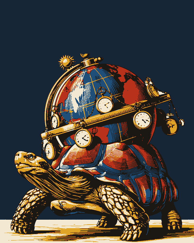 A giant tortoise carries a globe on its shell, ringed by a brass band hung with pocket watches showing different times, a sun and a moon on top.