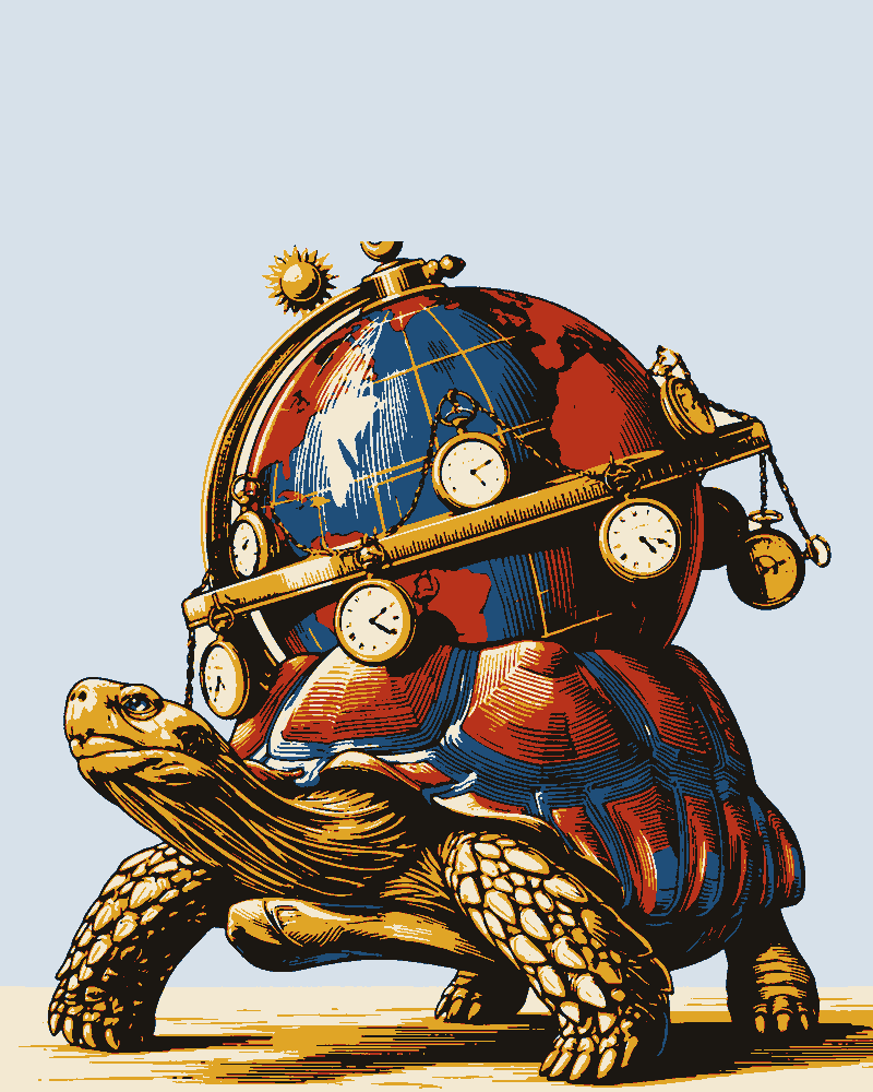 A giant tortoise carries a globe on its shell, ringed by a brass band hung with pocket watches showing different times, a sun and a moon on top.