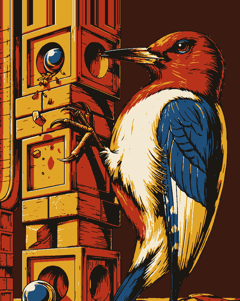 A red-headed woodpecker clings to a tall tower of wooden blocks, its beak in a round hole, blue marbles in the openings and wood chips on the floor.