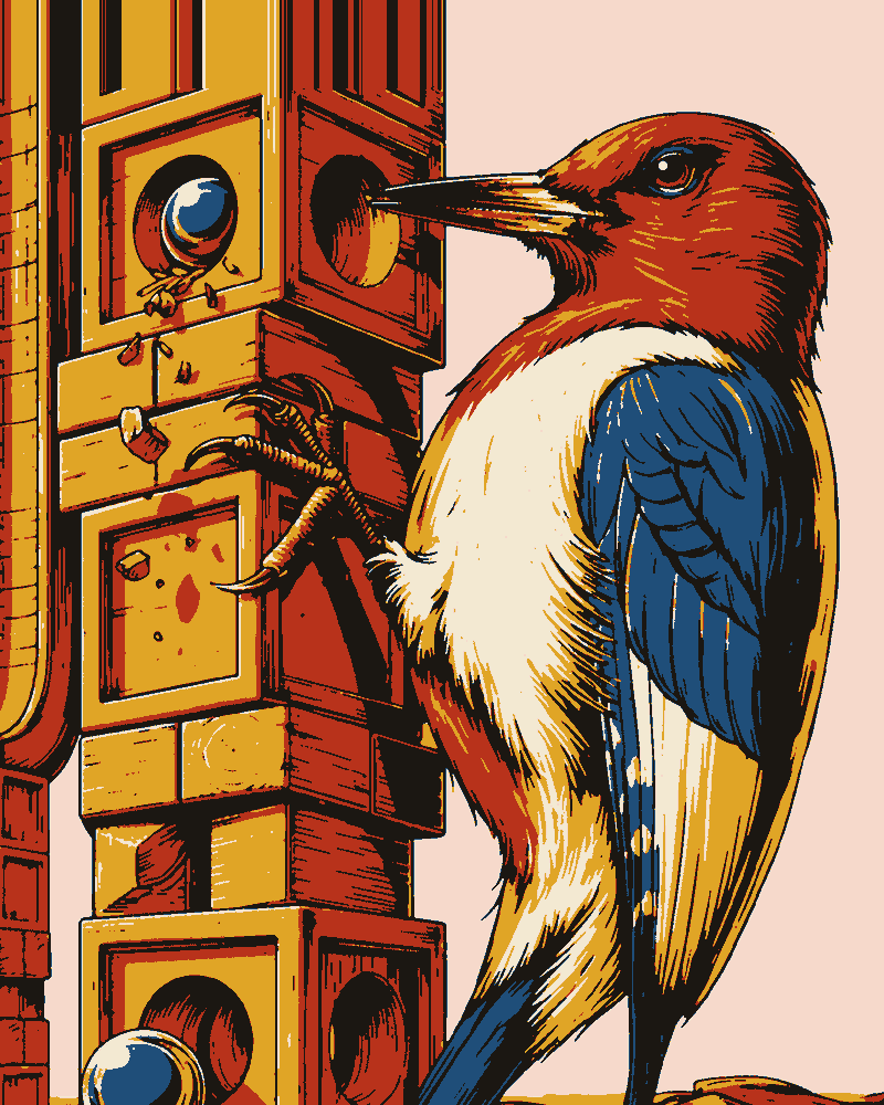 A red-headed woodpecker clings to a tall tower of wooden blocks, its beak in a round hole, blue marbles in the openings and wood chips on the floor.