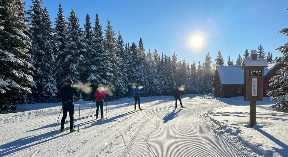 Cross-country skiers on a groomed trail among spruce trees in low winter sun.