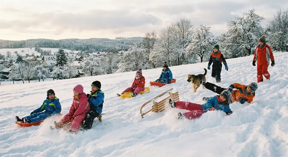Children and a dog sledding and tumbling down a snowy hillside.