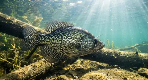 A crappie swimming over a sunken log underwater.