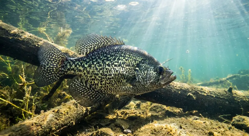 A crappie swimming over a sunken log underwater.