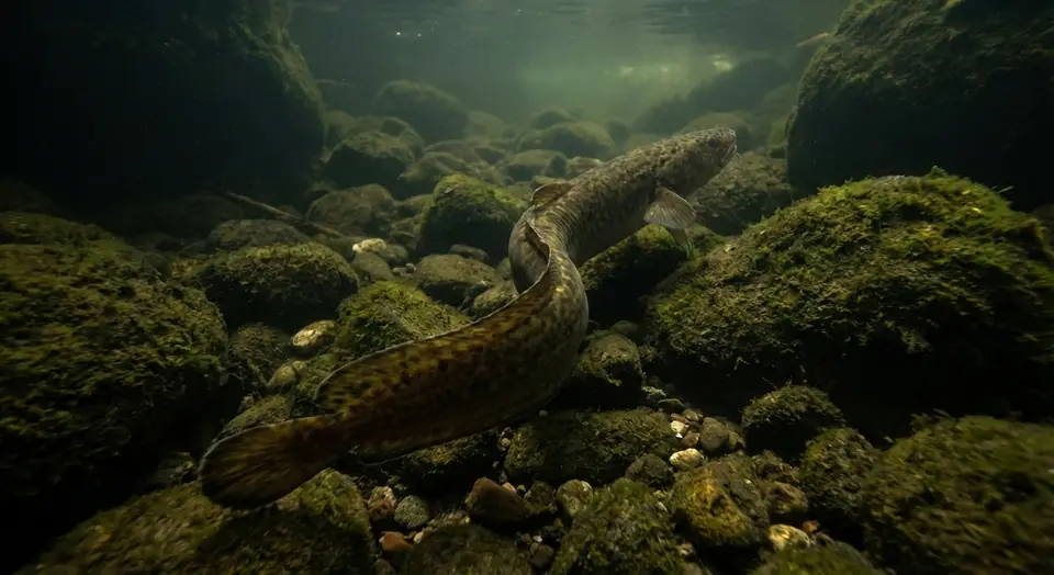 An eelpout, long and mottled, moving over mossy rocks underwater.