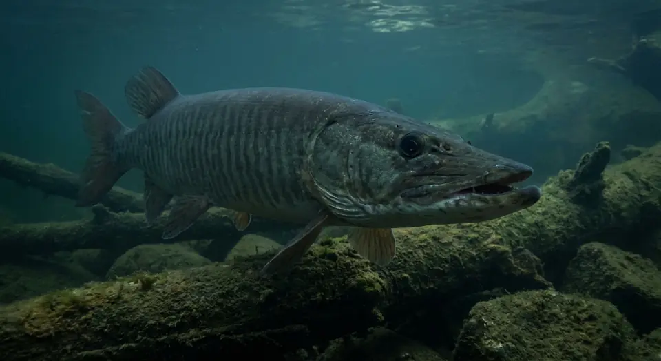 A muskie swimming past a sunken log underwater.