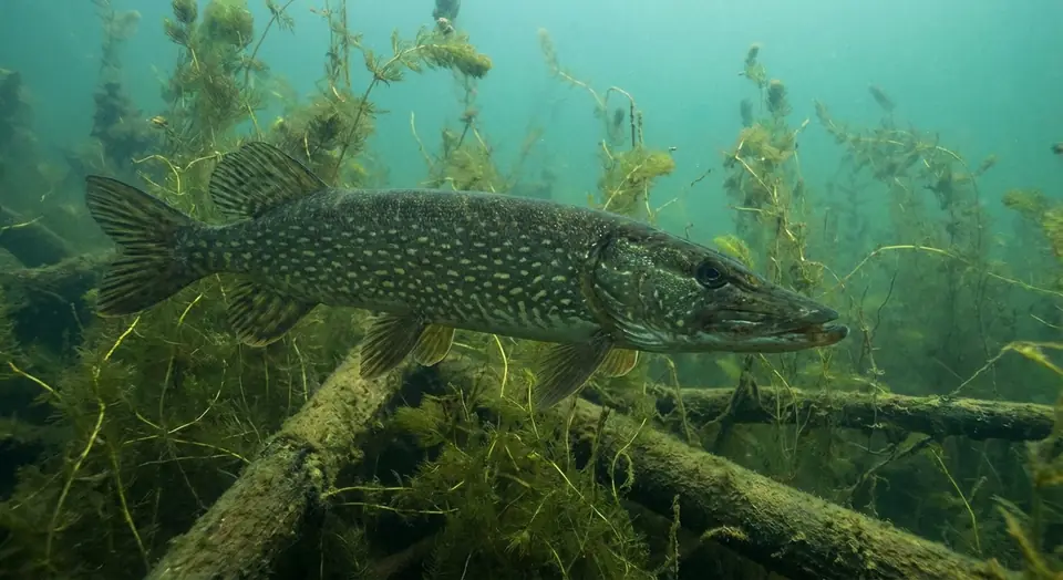 A northern pike hanging in weeds underwater.