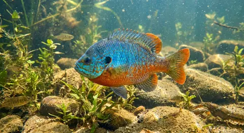 A bright orange and blue sunfish among rocks and weeds underwater.