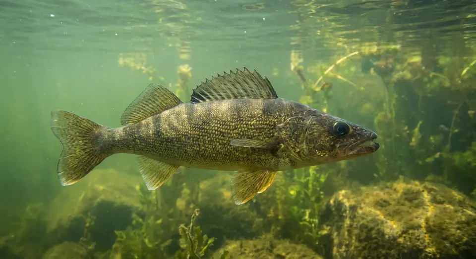 A walleye swimming among weeds and rocks underwater.