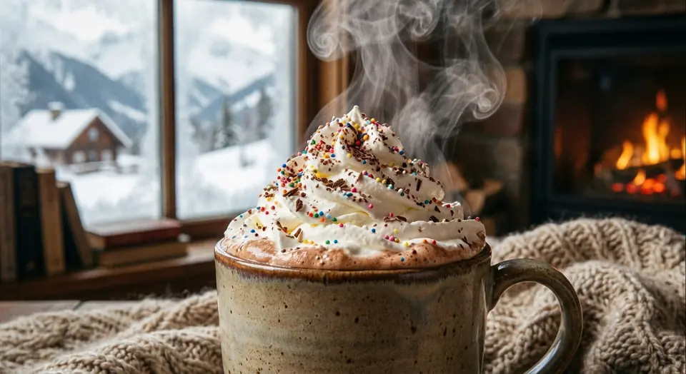 A mug of hot cocoa with whipped cream and sprinkles, steaming by a window onto a snowy mountain view.
