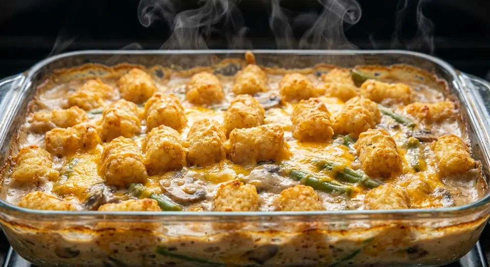 A glass dish of baked hotdish topped with golden tater tots.