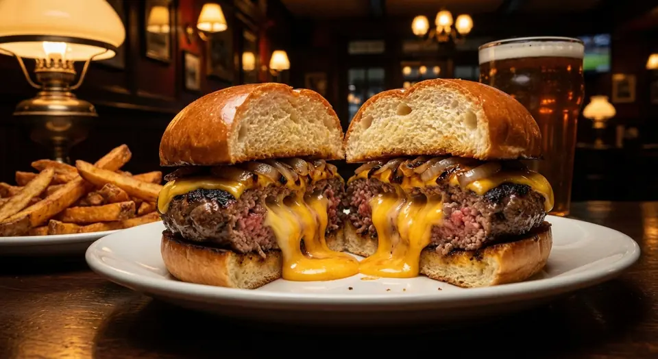 A burger cut in half, with melted cheese spilling out of the patty.