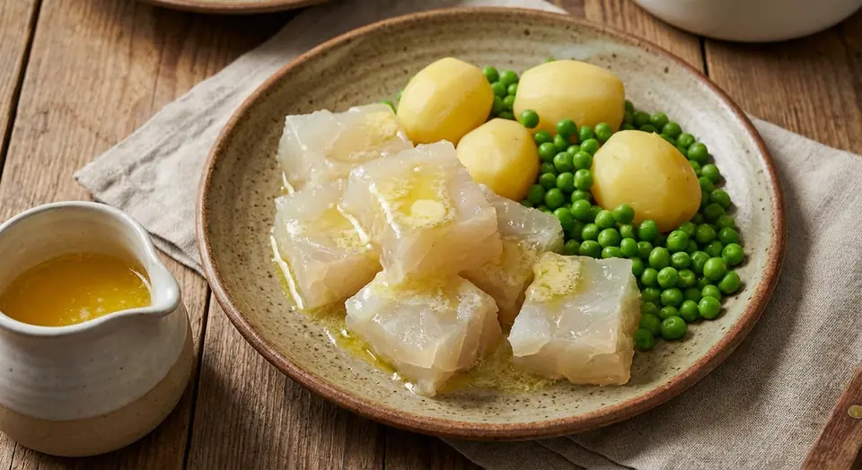 A plate of pale lutefisk with boiled potatoes and peas, and a small jug of melted butter.