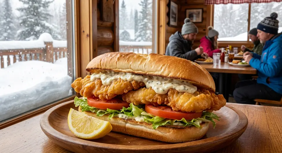 A fried walleye sandwich with lettuce, tomato and a lemon wedge, with diners in snowy windows behind.