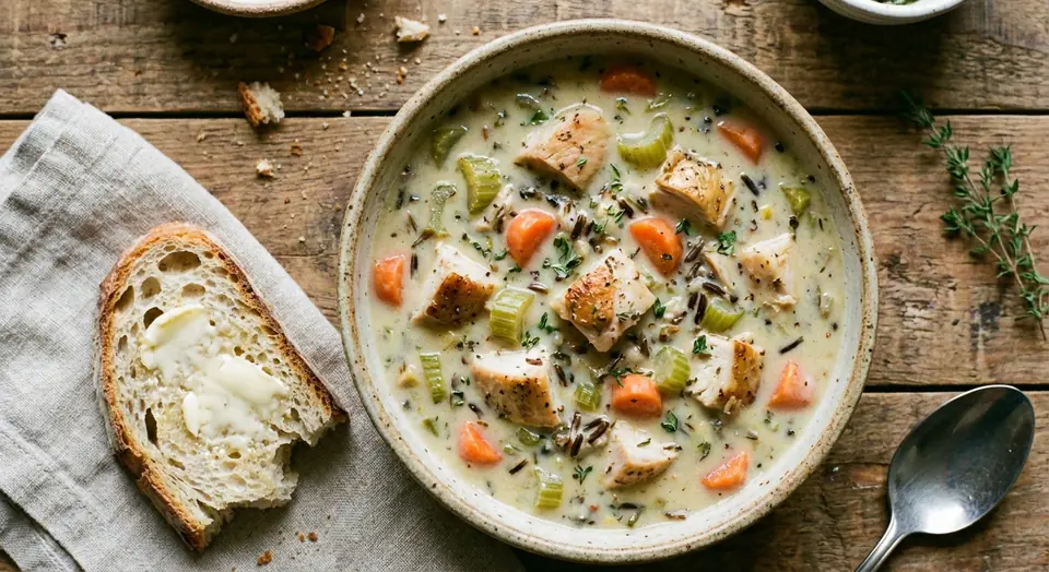 A bowl of creamy wild rice soup with chicken and carrots, beside a slice of buttered bread.