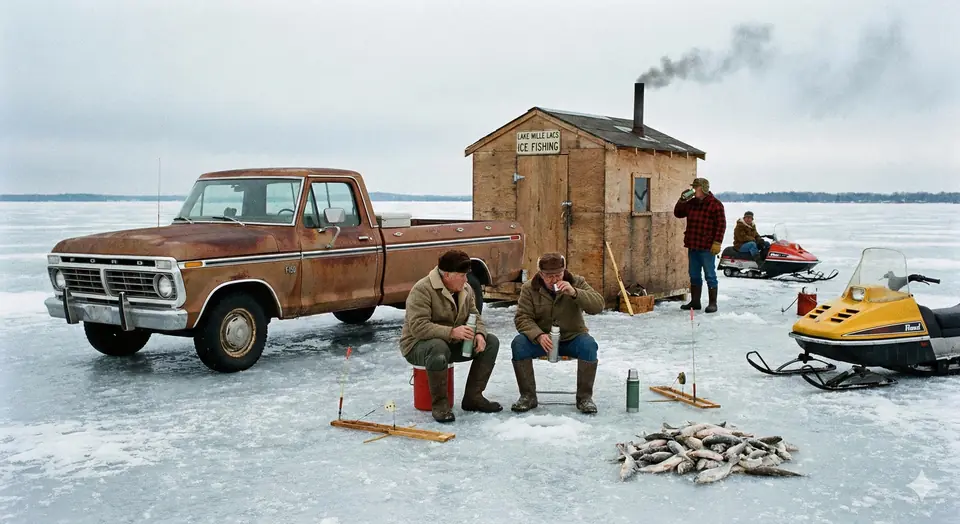 Two anglers sitting on buckets beside a wooden ice-fishing shelter on a frozen lake, with a rusty pickup truck, two snowmobiles and a pile of fish on the ice.