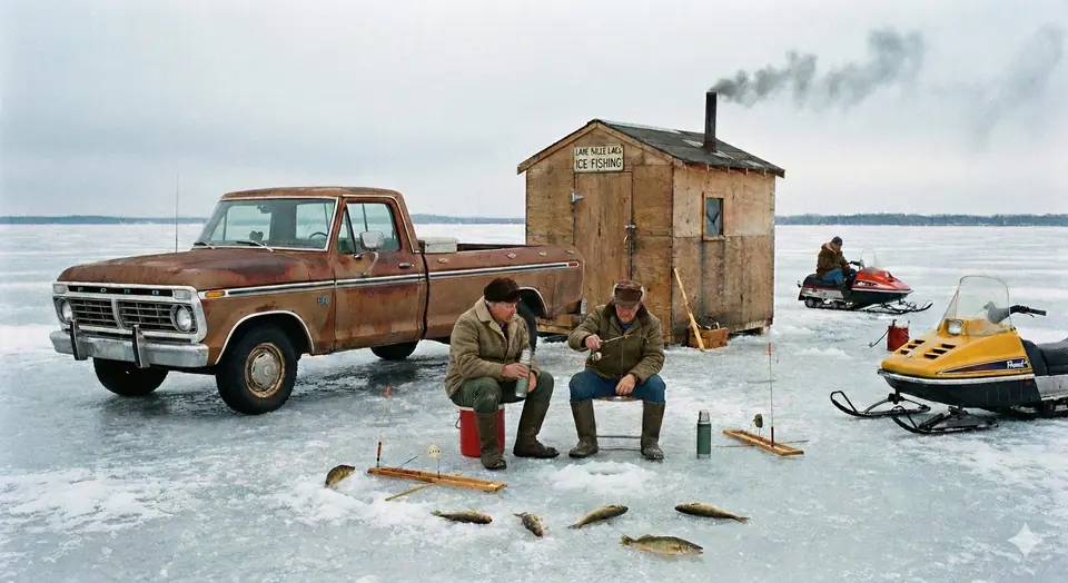 Two anglers on buckets fishing through the ice beside a smoking fish house, a pickup truck and snowmobiles, with several fish lying on the ice.
