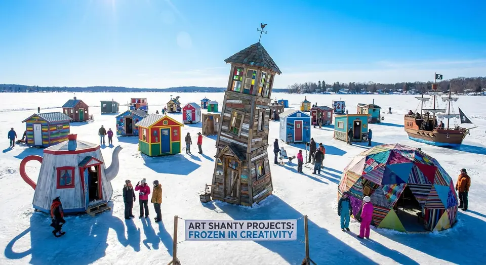 Brightly painted, oddly shaped shanties, including a teapot and a leaning tower, scattered over a sunny frozen lake.