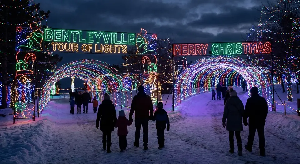Families walking through tunnels of coloured lights at the Bentleyville Tour of Lights at night.