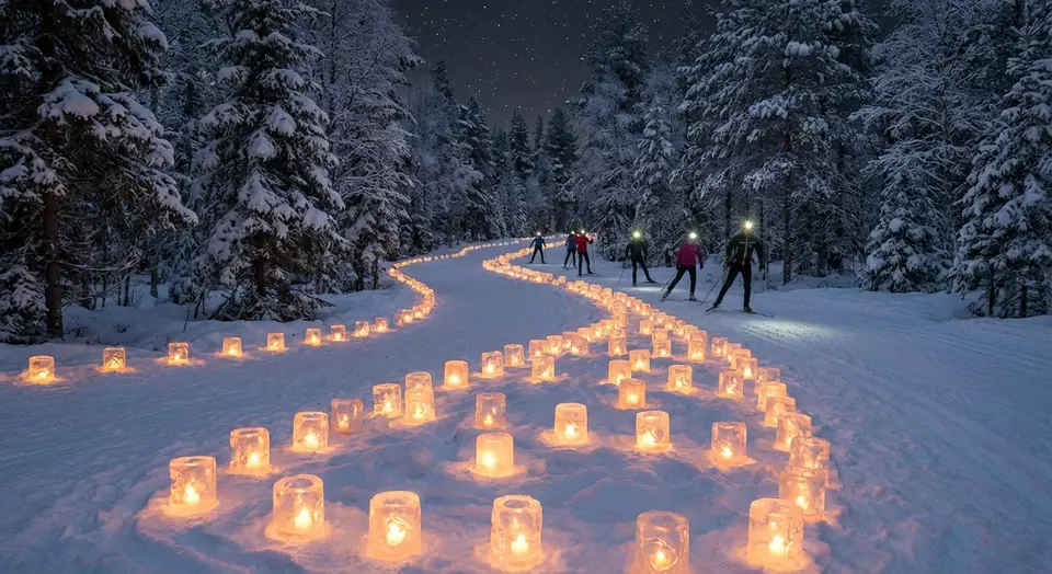 A winding path of glowing ice lanterns through snowy pine woods at night, with skiers in the distance.