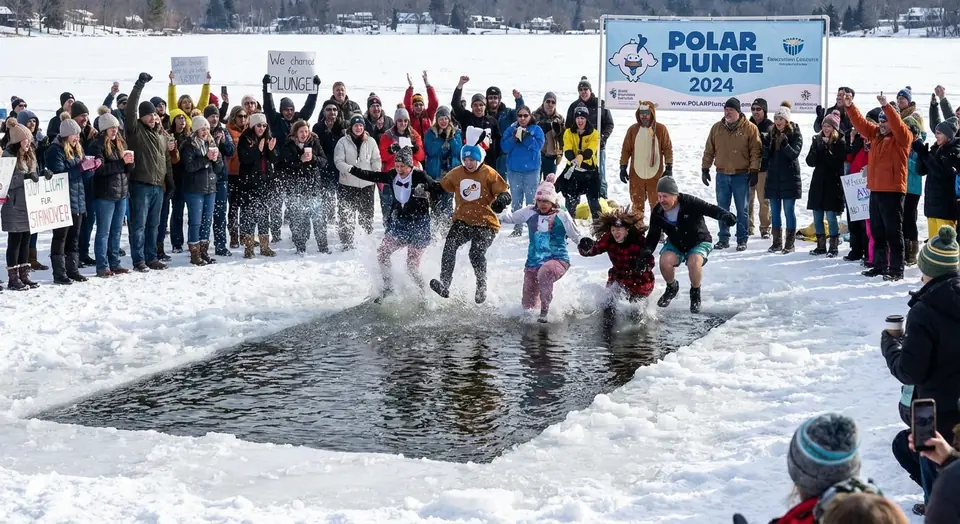 A crowd cheering as plungers run into an open rectangle of dark water cut in the ice.