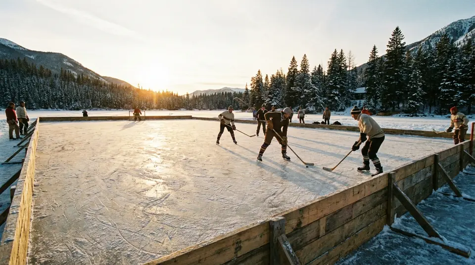 Hockey players on an outdoor rink with wooden boards on a frozen lake in low sun, with pine trees beyond.