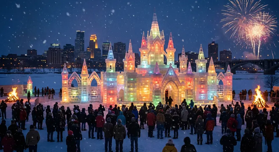 A crowd gathered at night before a glowing, many-coloured ice palace under fireworks, with a city skyline behind it.
